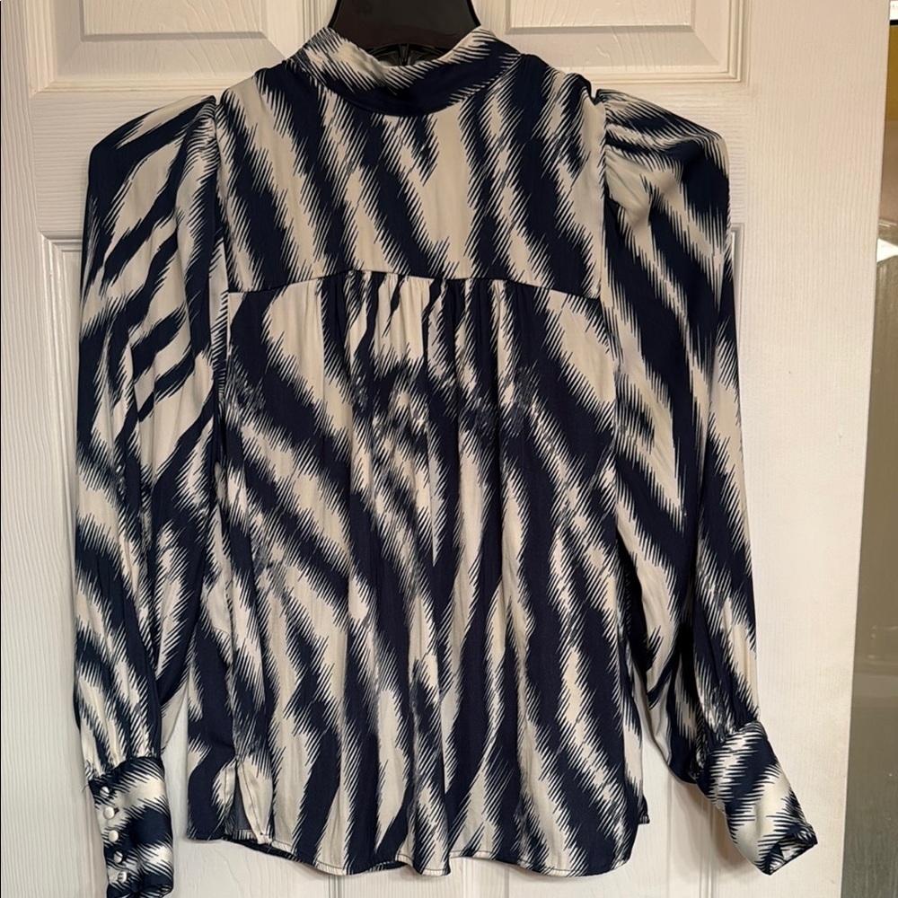 Navy and White Graphic Long Sleeve Blouse French Cuff Coquete Anthropologie
